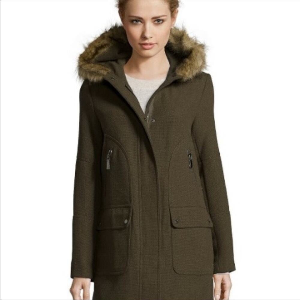 Vince Camuto wool blend basket weave faux fur edging in the hood
